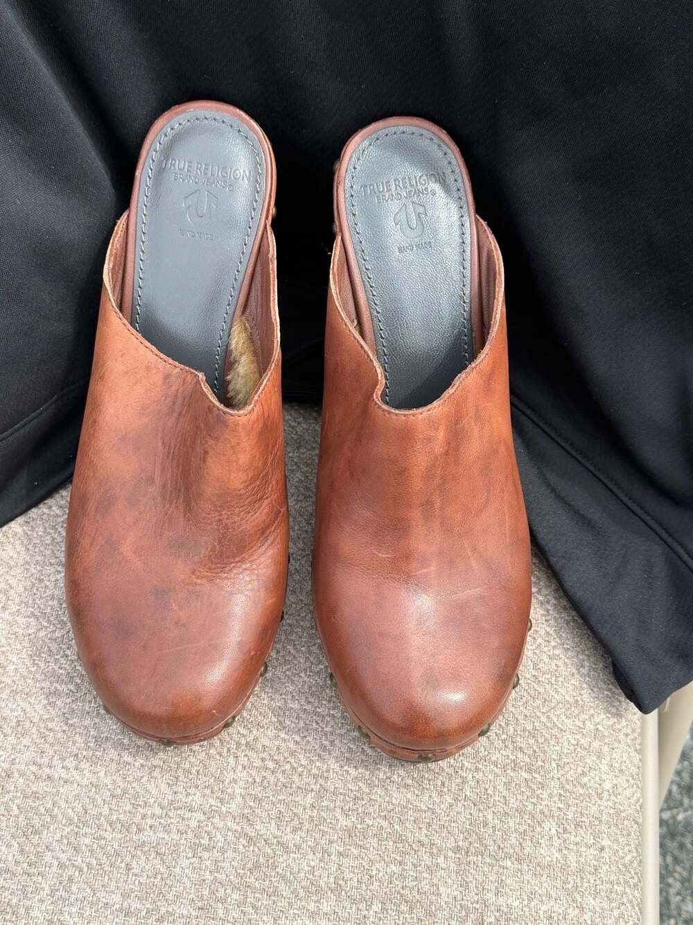 True Religion Brown Leather Studded Wooden Clogs Size 9